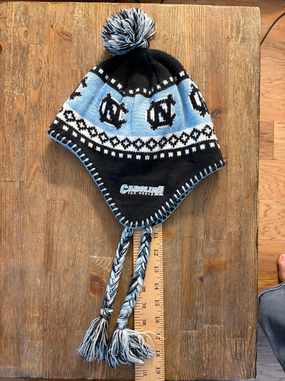 UNC Carolina Tar Heels Knit Earflap Beanie Hat Pom Braided Tassels Gameday